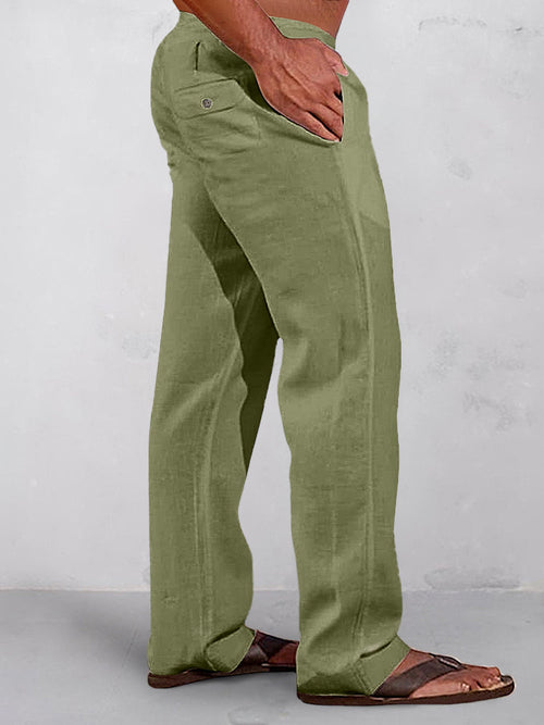 Casual Solid Elastic Waist Cotton Linen Straight Pants
